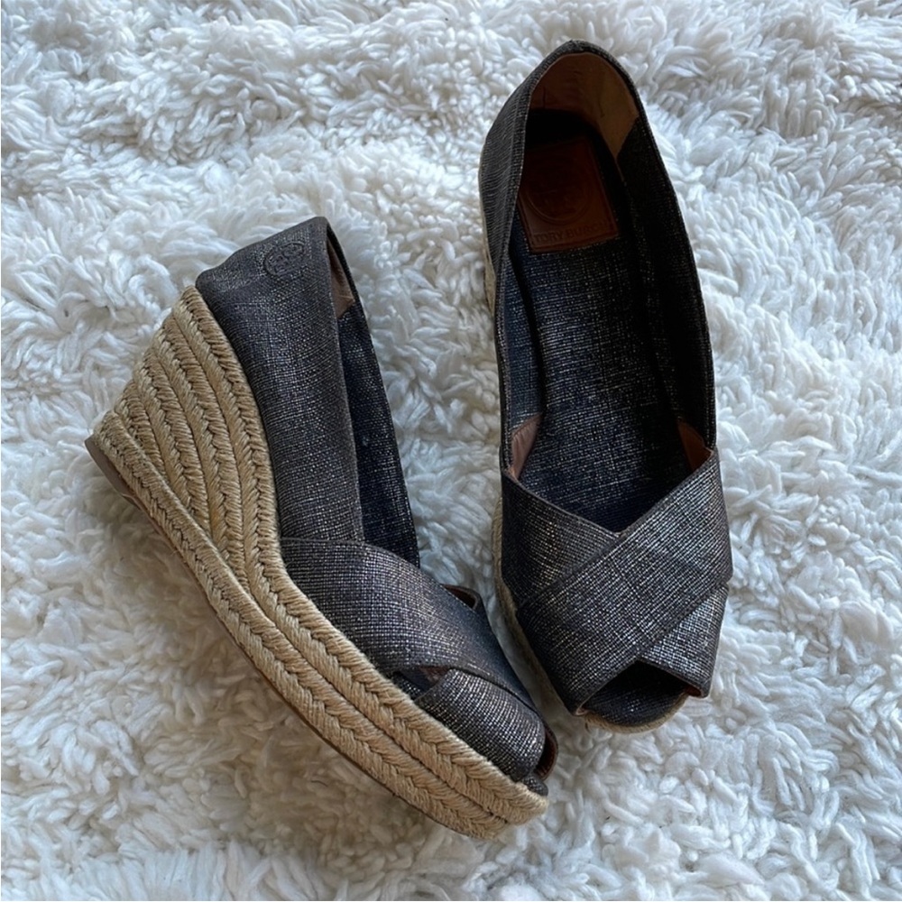 Tory Burch Bronze Metallic Espadrille Wedge Peep Toe